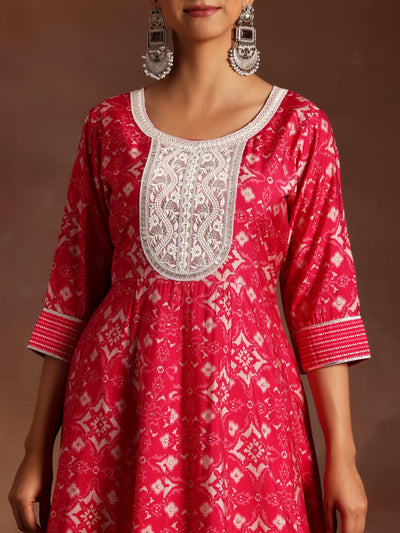 Pink Printed Silk Blend Anarkali Suit With Dupatta - Libas