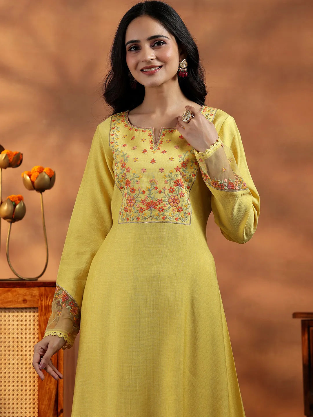  Yellow Yoke Design Silk Blend Straight Suit With Dupatta 