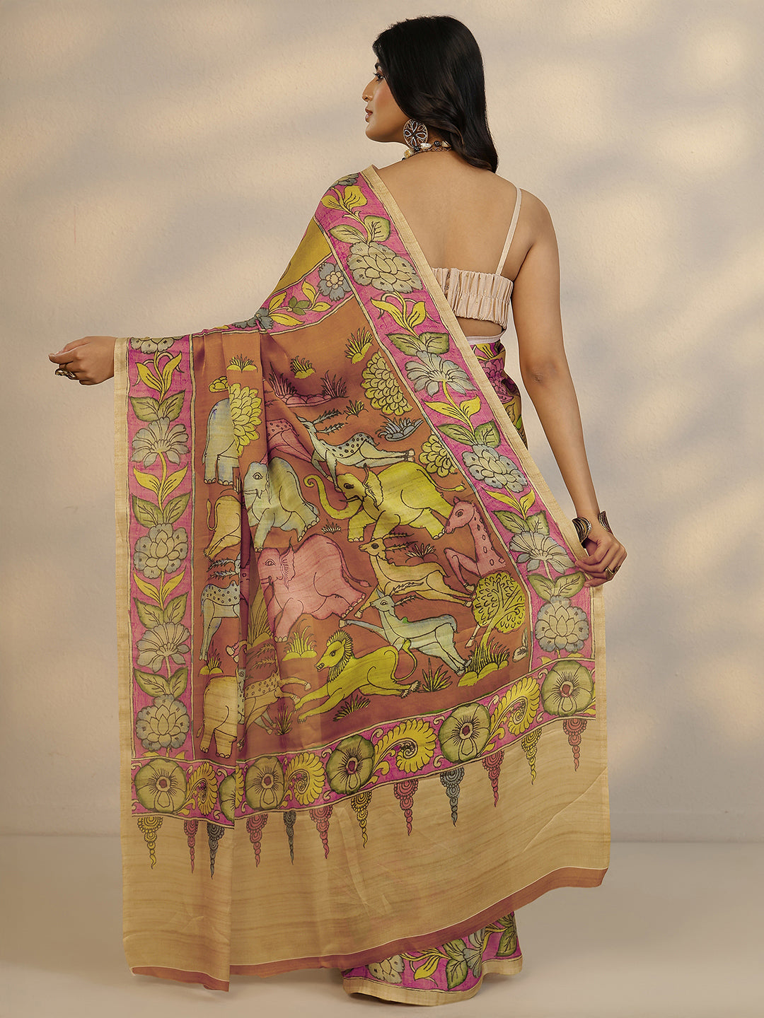  Mustard Printed Satin Saree With Unstitched Blouse Piece 