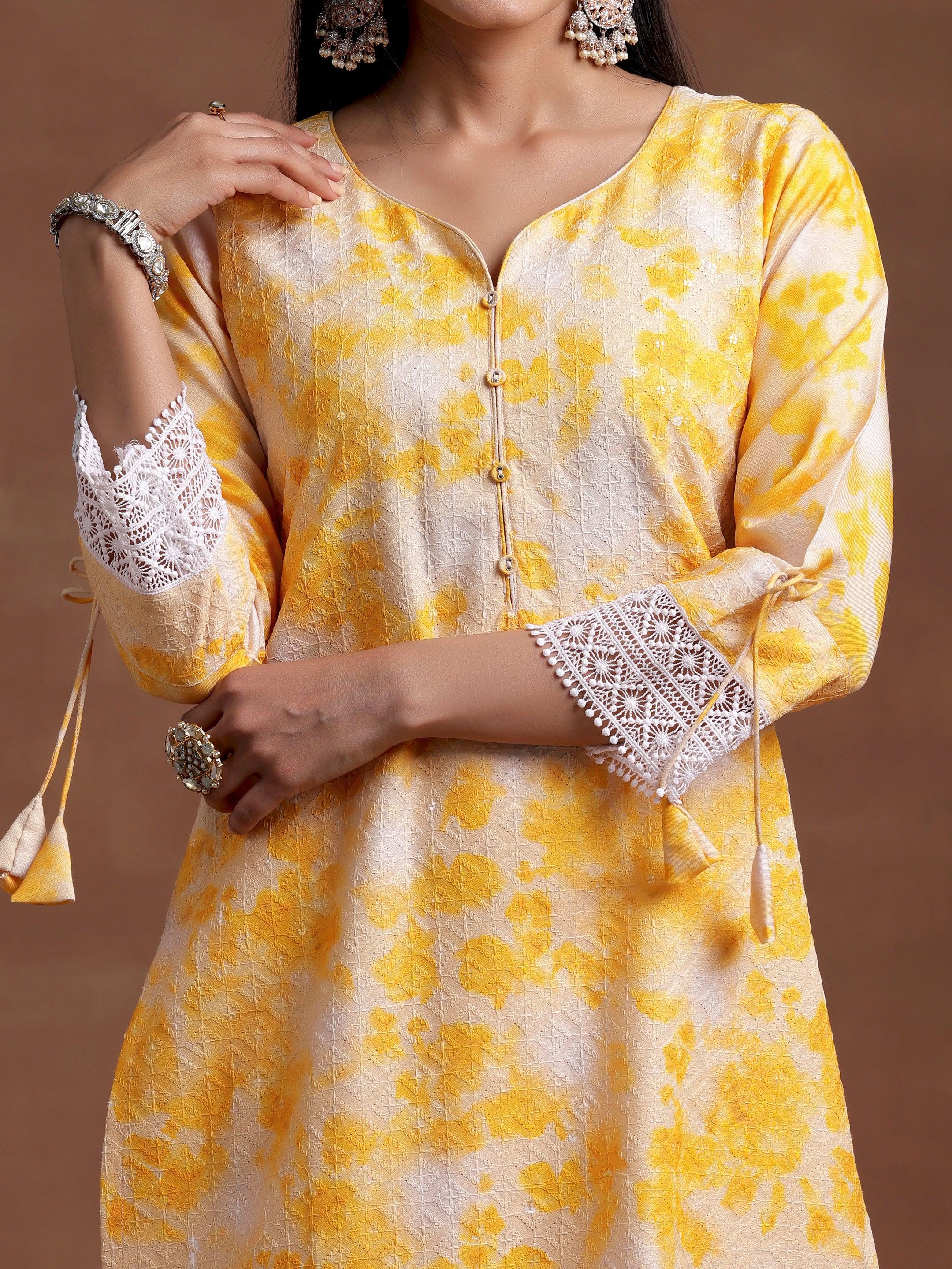 Yellow Embroidered Cotton Blend Straight Suit With Dupatta