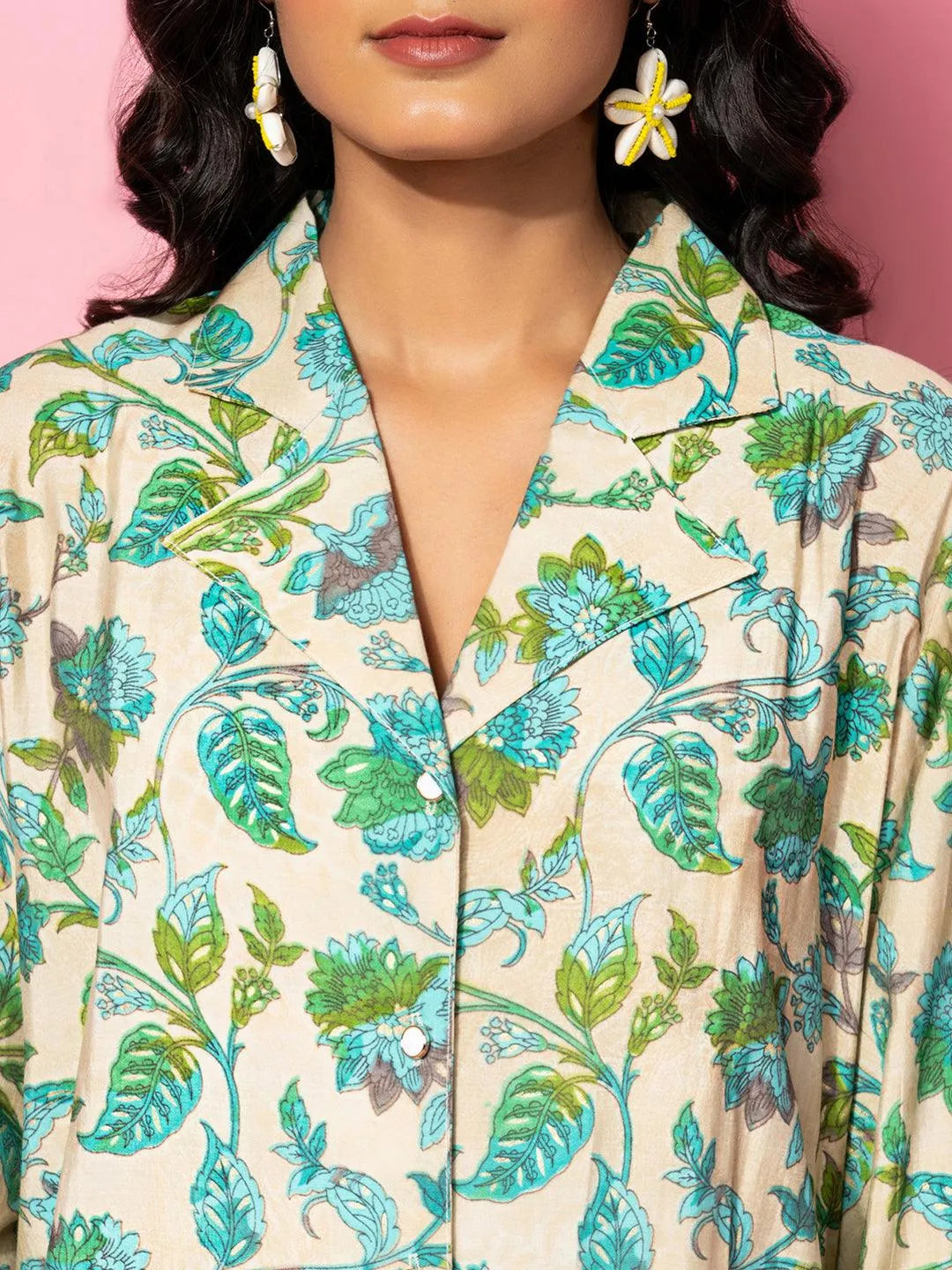 Beige Printed Silk Blend Co-Ords - Libas 