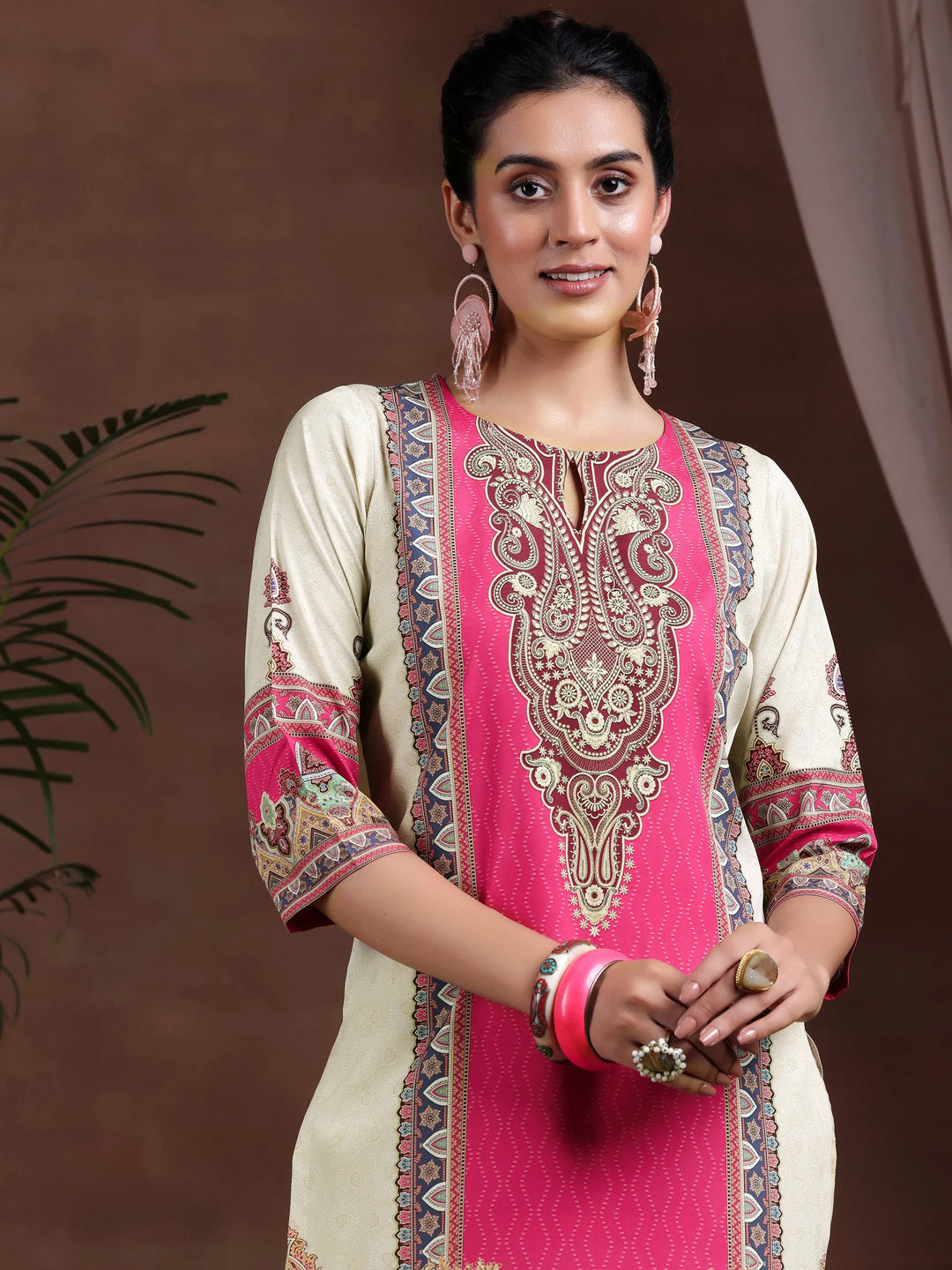  Beige Printed Crepe Straight Kurta 