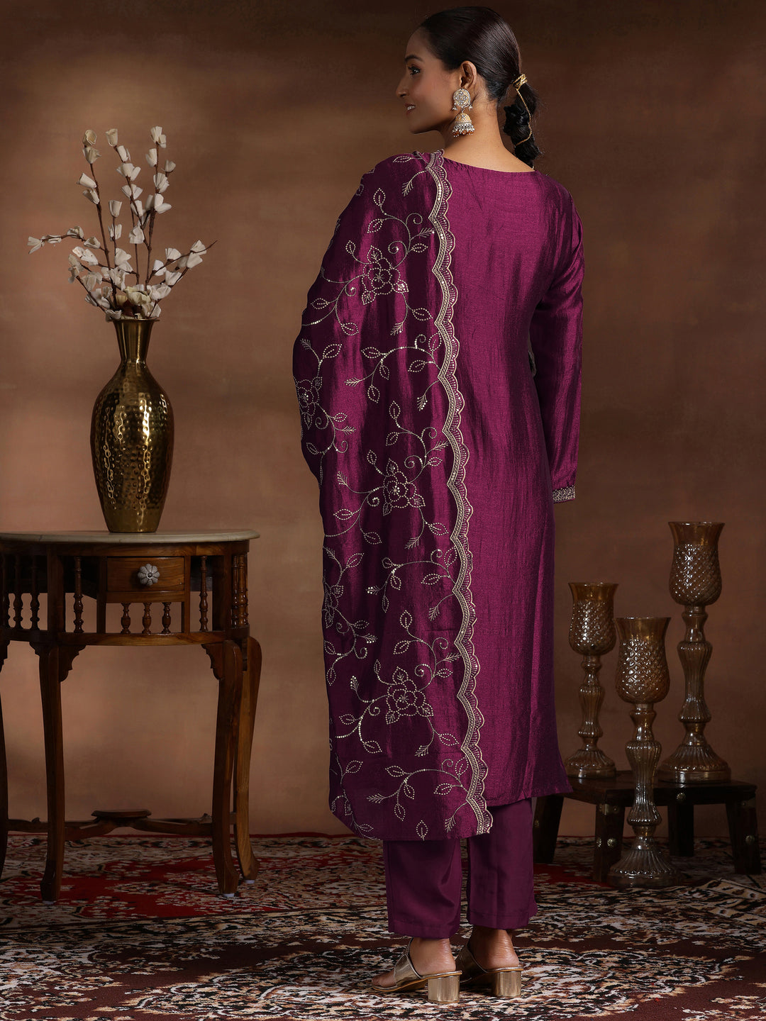  Wine Embroidered Silk Blend Straight Suit With Dupatta 
