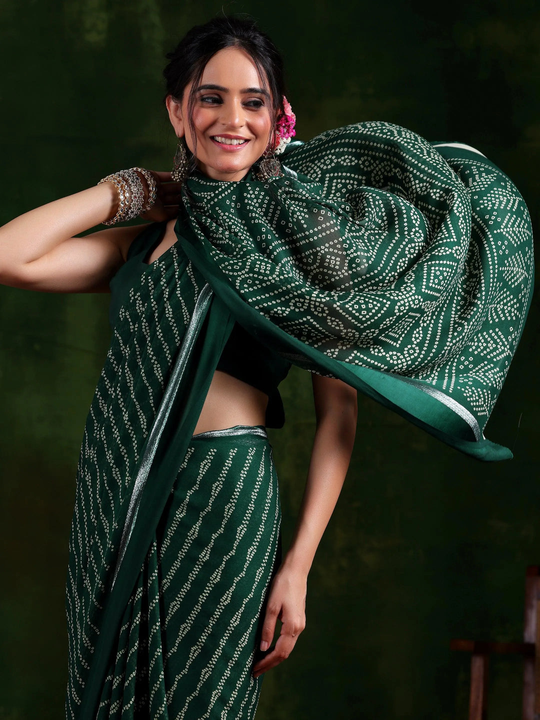 Green Printed Satin Saree With Unstitched Blouse Piece - Libas 