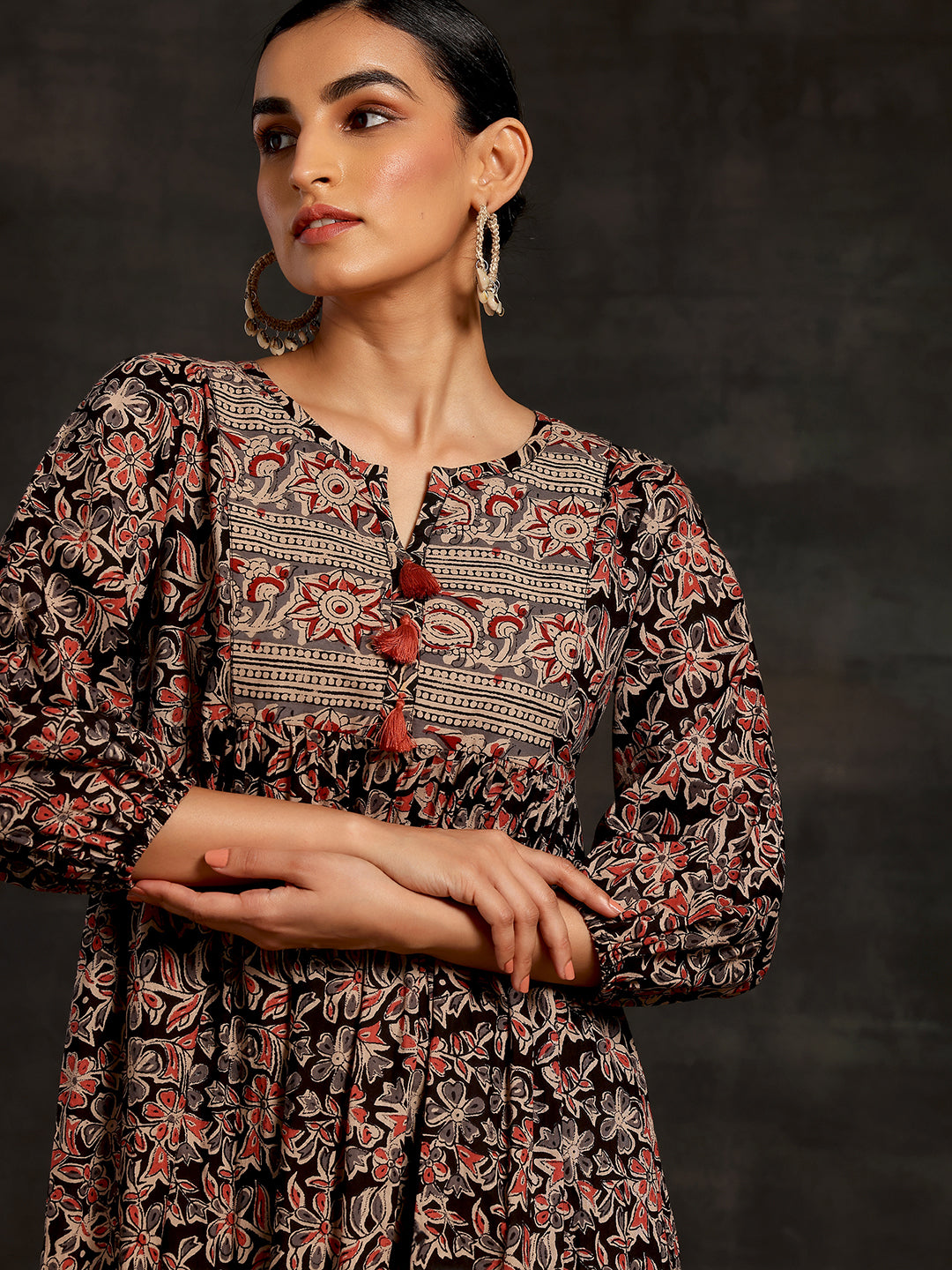  Black Printed Cotton A-Line Dress 