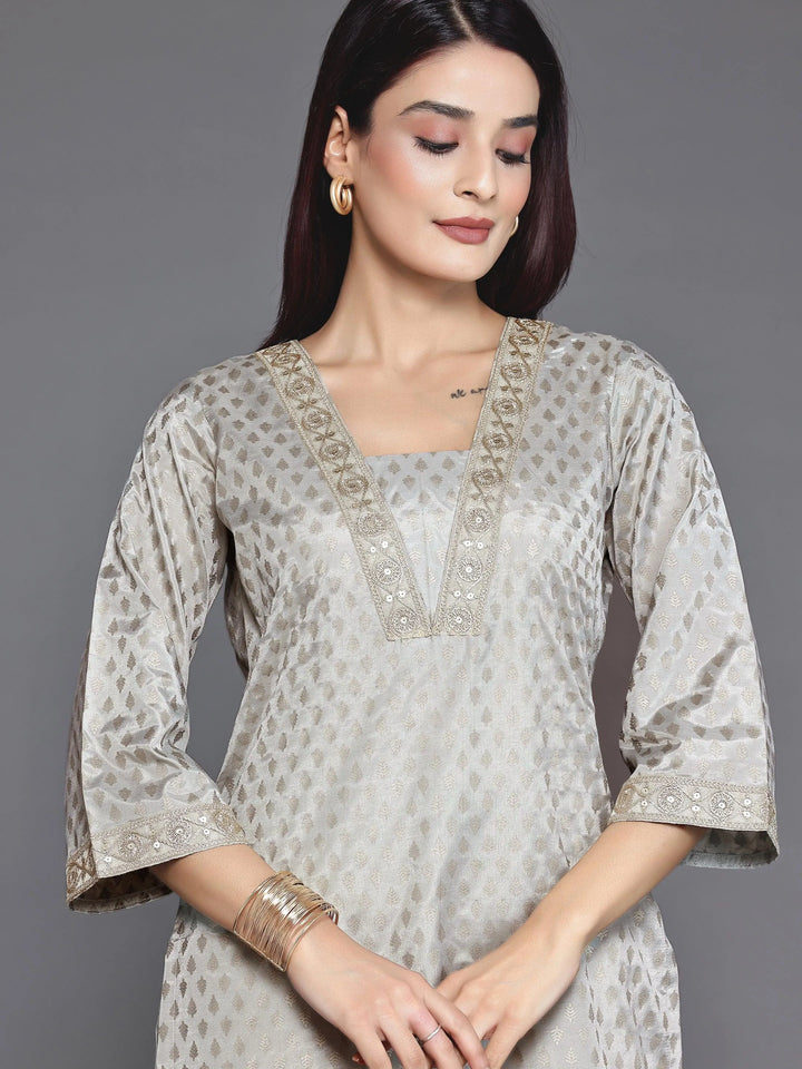 Grey Printed Silk Blend Straight Kurta Set - Libas