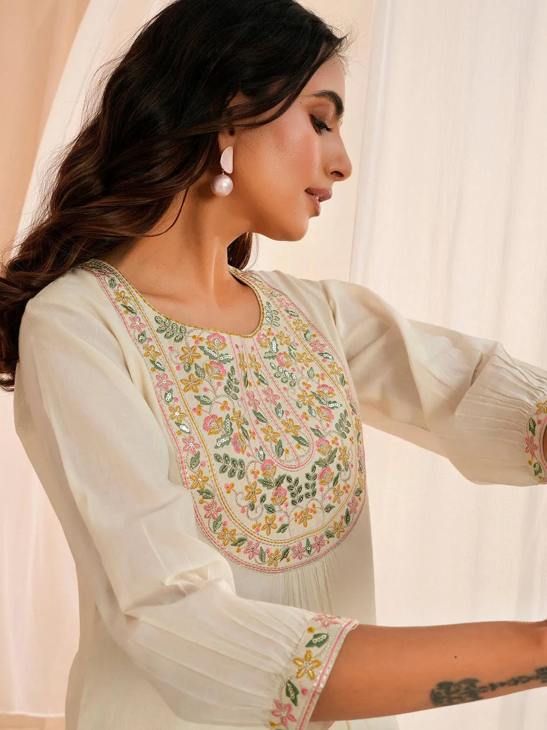 Off White Yoke Design Cotton Straight Kurti - Libas 