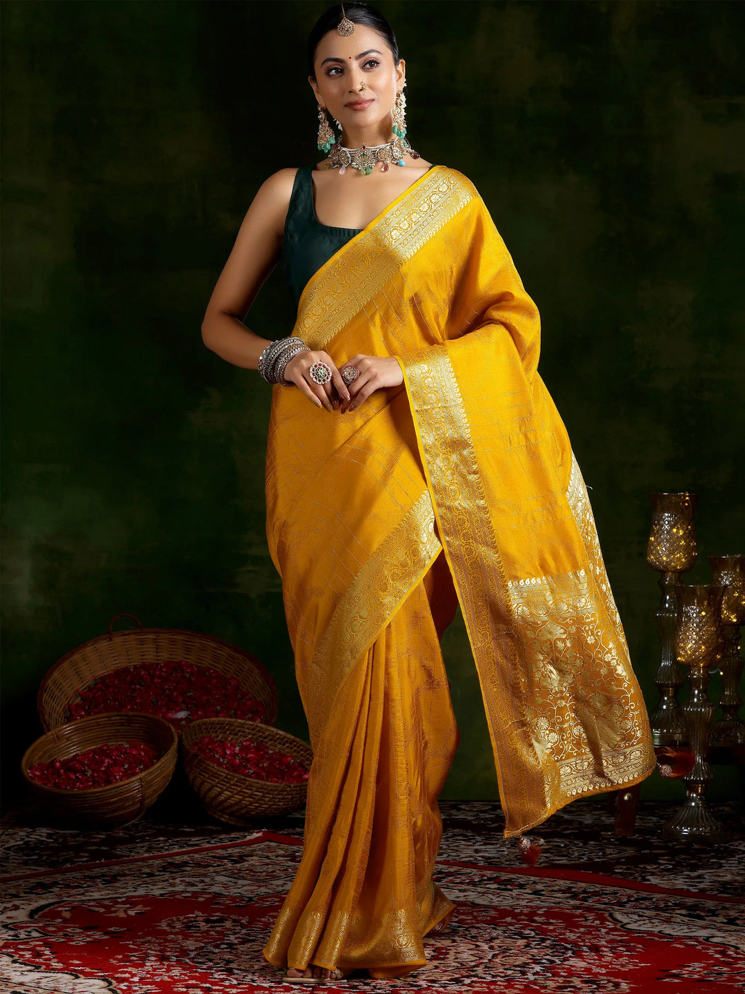  Mustard Woven Design Silk Blend Saree With Unstitched Blouse Piece 