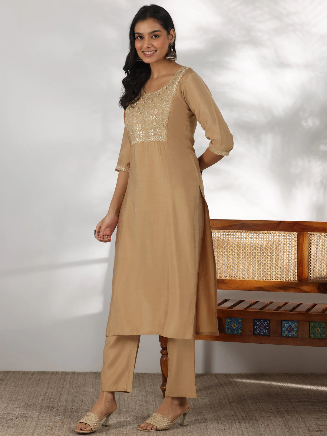  Beige Yoke Design Silk Blend Straight Kurta Set 