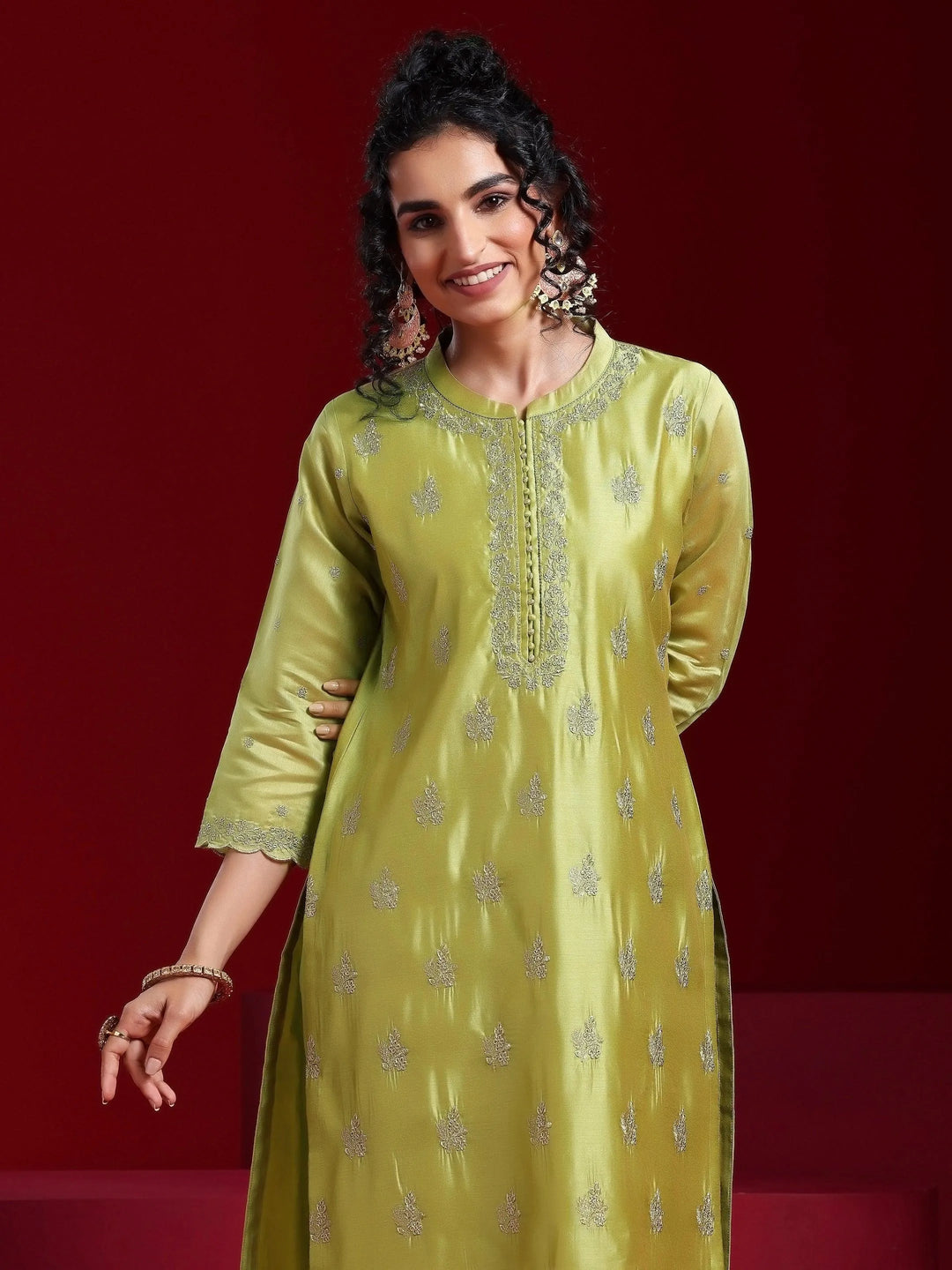 Libas Art Green Embroidered Chanderi Silk Straight Suit With Dupatta - Libas 