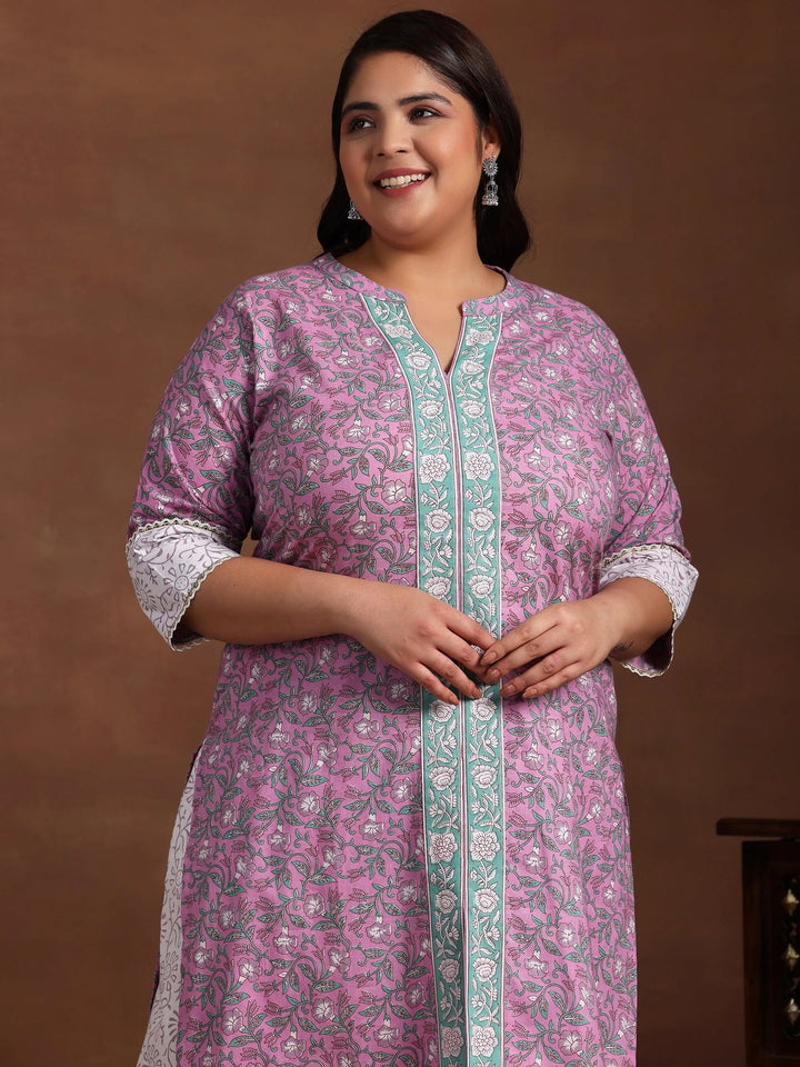 Plus Size Pink Printed Cotton Straight Suit With Dupatta - Libas