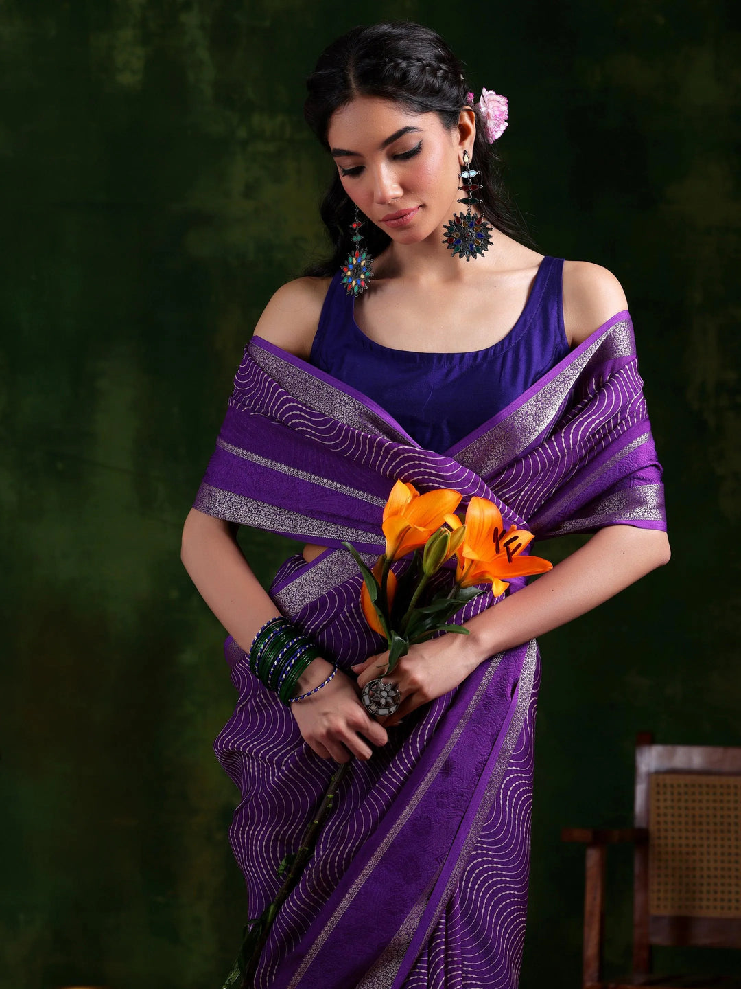 Purple Printed Silk Blend Saree With Unstitched Blouse Piece - Libas 