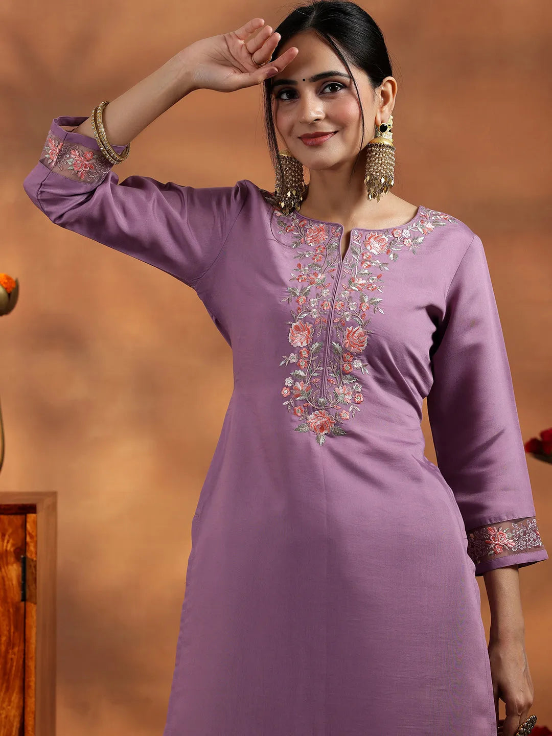  Lavender Yoke Design Silk Blend Straight Suit With Dupatta 