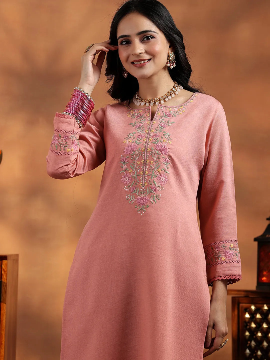  Peach Yoke Design Silk Blend Straight Suit With Dupatta 