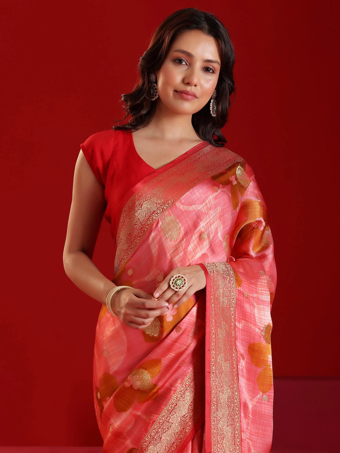 Libas Art Peach Printed Satin Saree With Unstitched Blouse Piece - Libas 