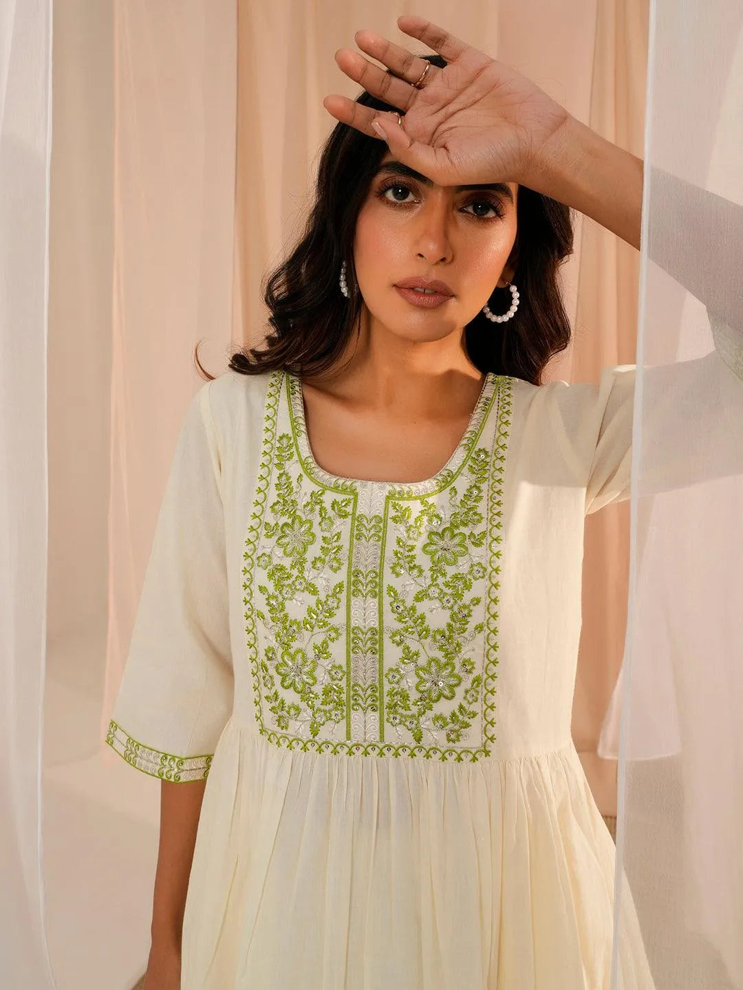 Off White Yoke Design Cotton A-Line Kurta - Libas 