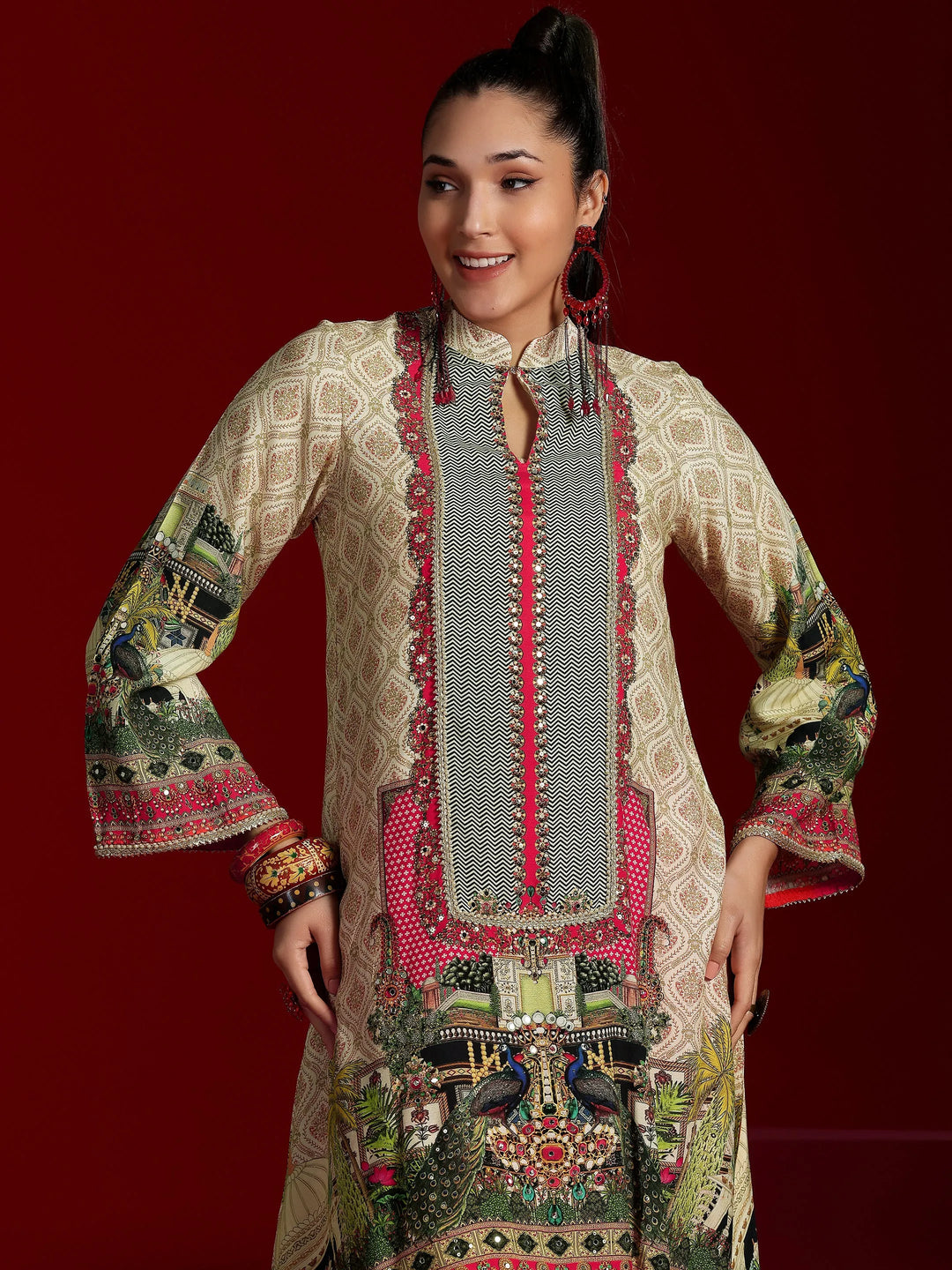  Libas Art Beige Printed Silk Blend Co-Ords 