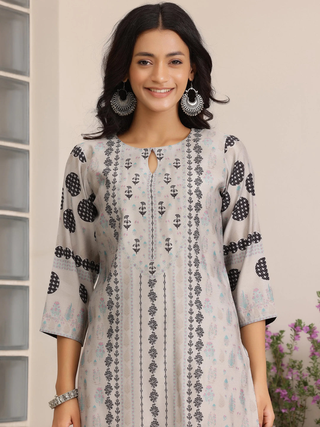  Grey Printed Silk Blend Straight Suit With Dupatta 
