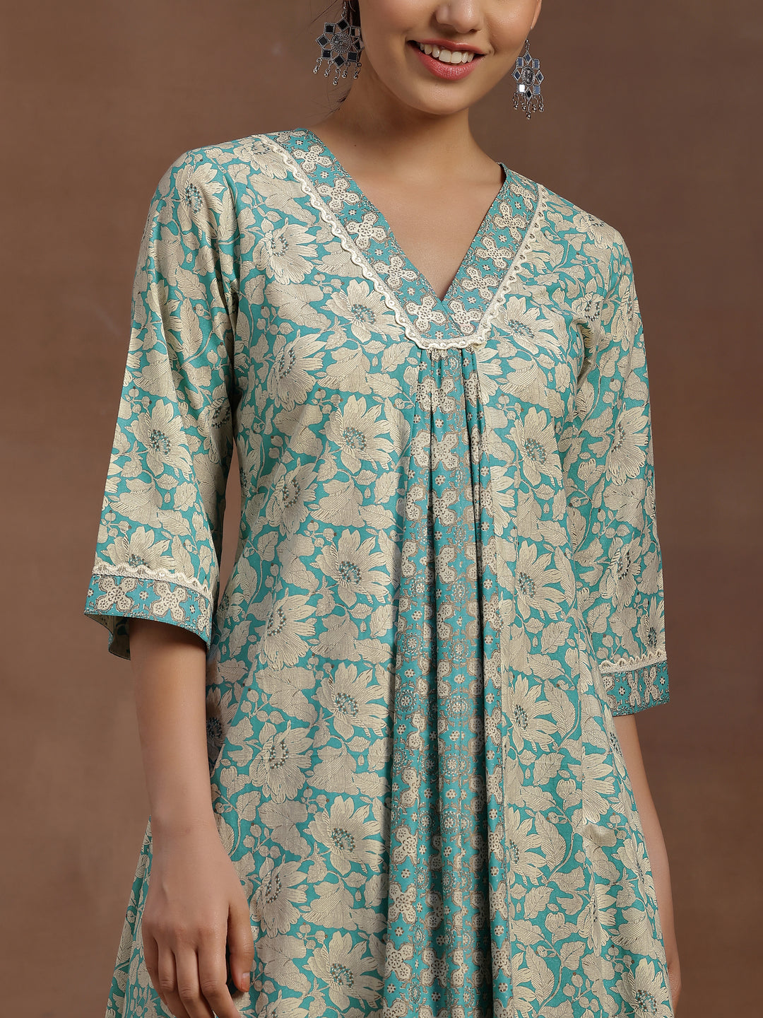  Blue Printed Cotton A-Line Dress 