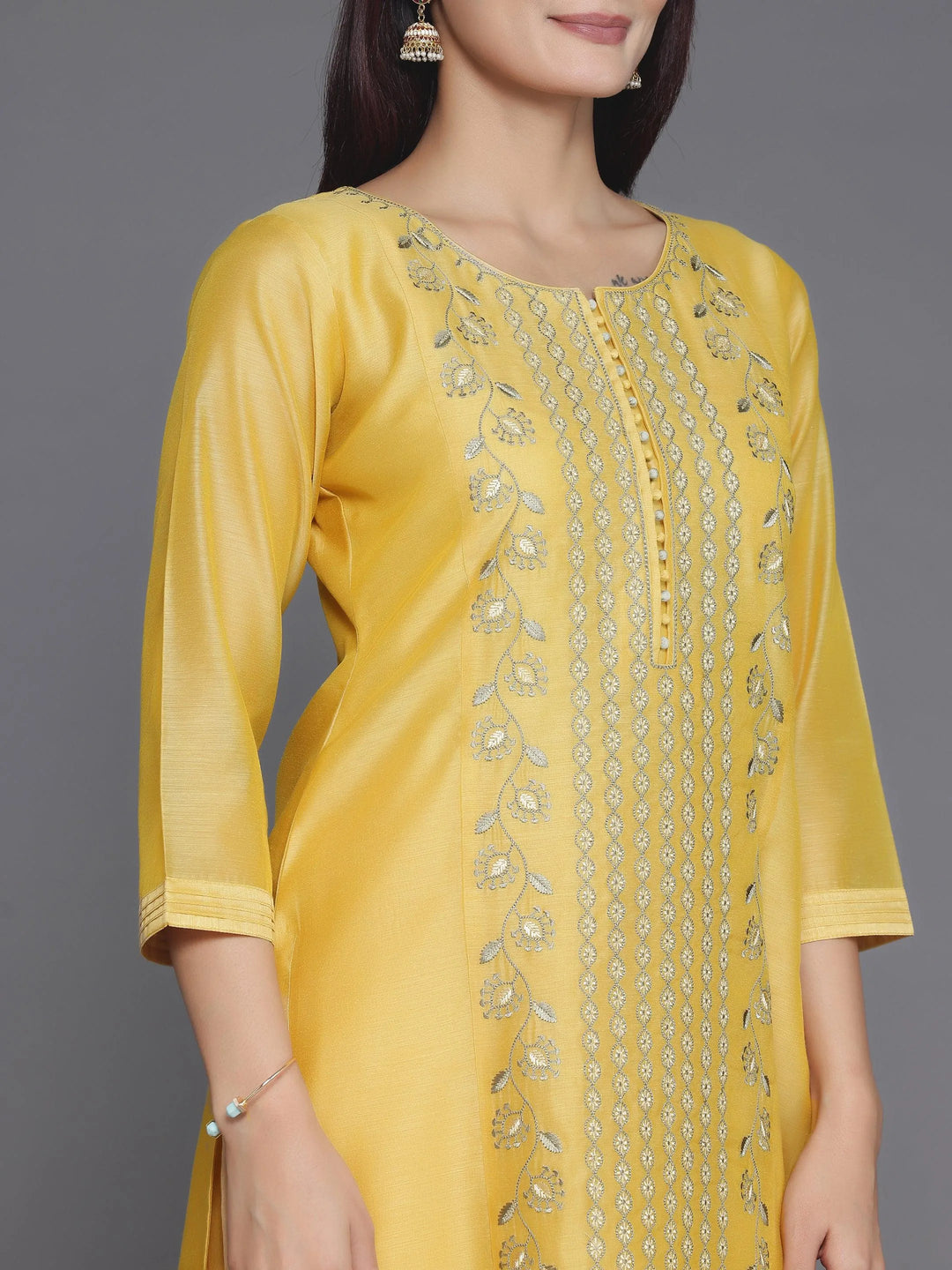 Yellow Embroidered Chanderi Silk Straight Suit With Dupatta - Libas 