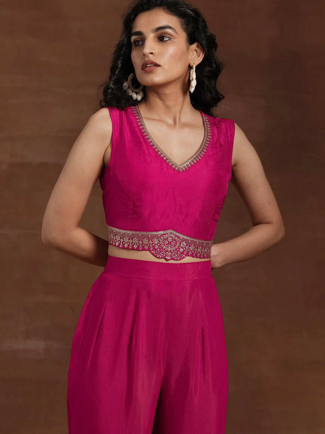  Pink Embroidered Silk Blend Co-Ords 