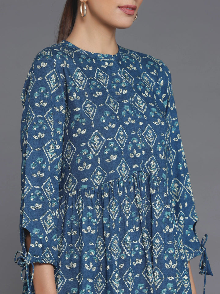 Blue Printed Rayon A-Line Kurti - Libas