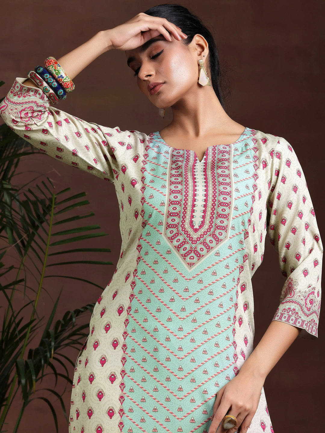  Beige Printed Poly Crepe Straight Suit With Dupatta 
