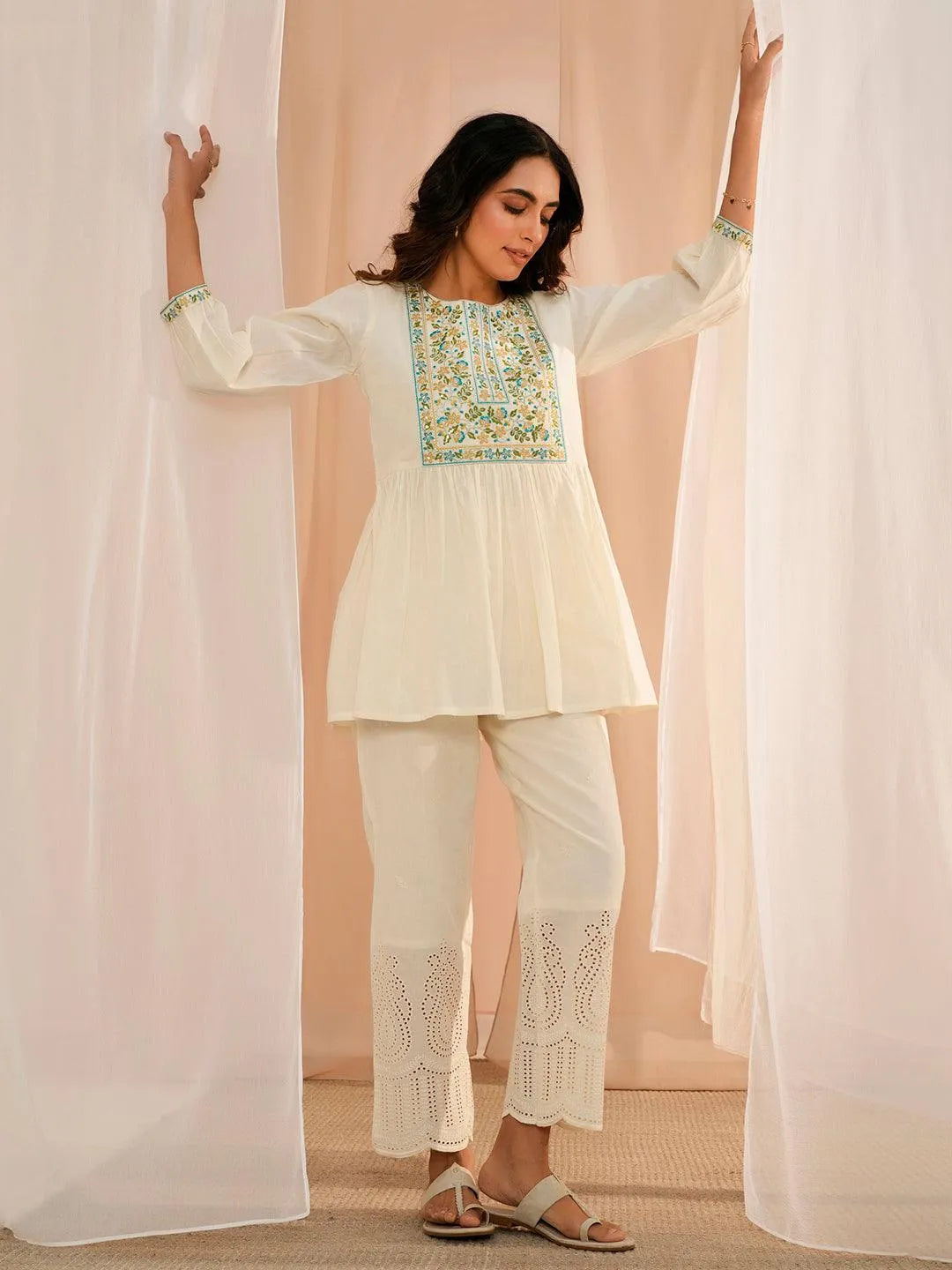 Off White Yoke Design Cotton A-Line Kurti - Libas 