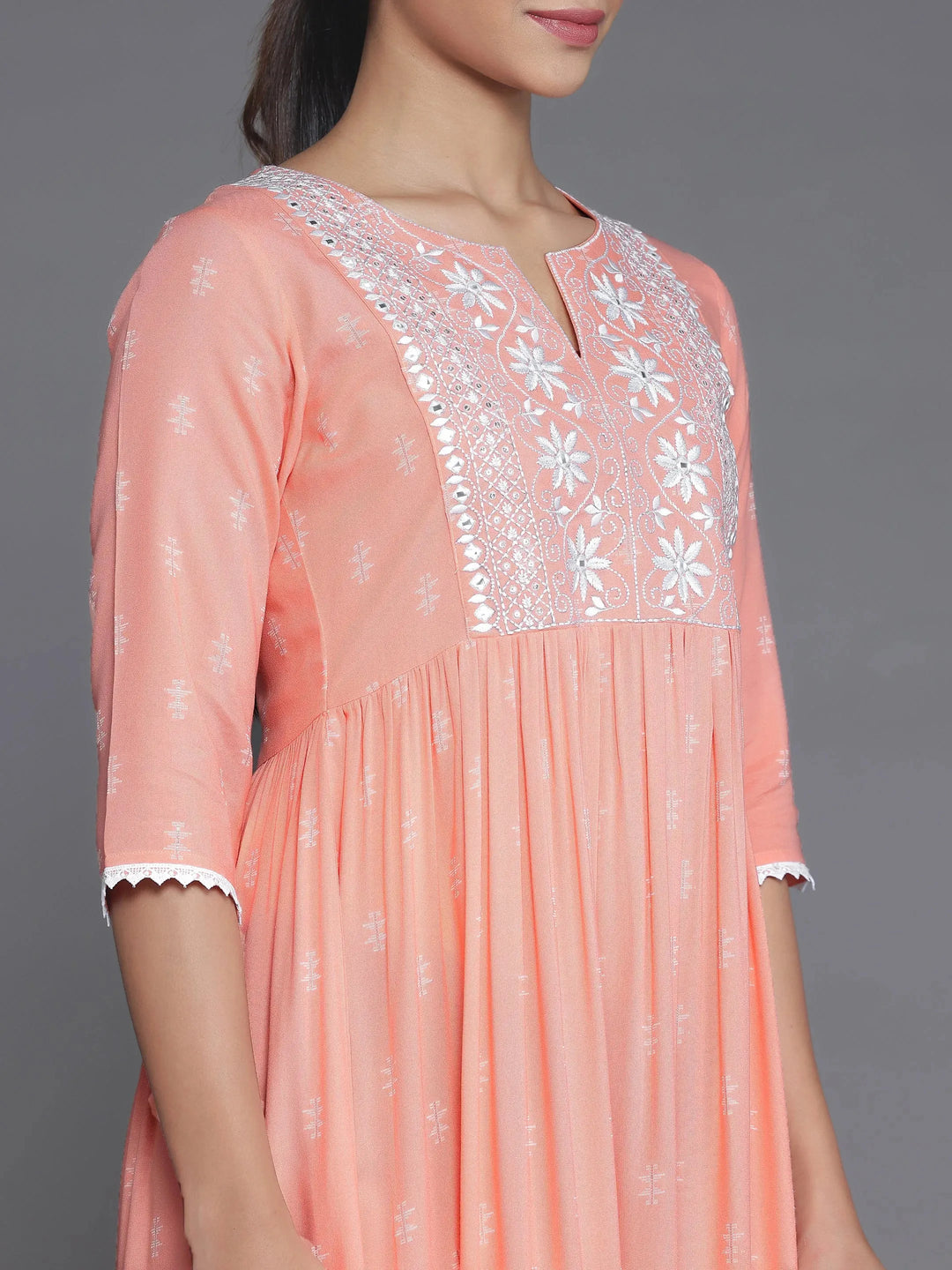  Peach Self Design Viscose Rayon A-Line Dress 