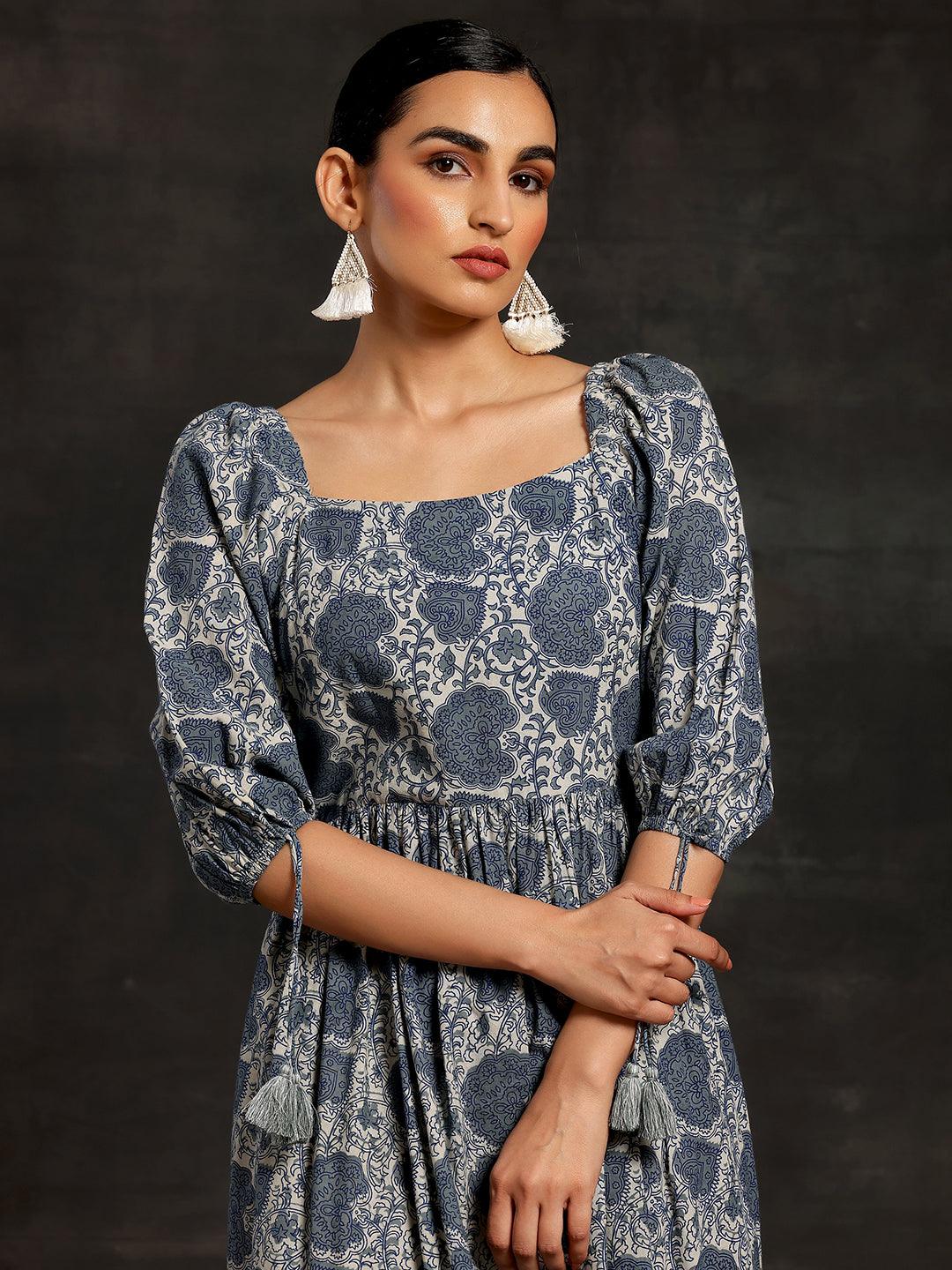 Grey Printed Cotton Fit and Flare Dress - Libas