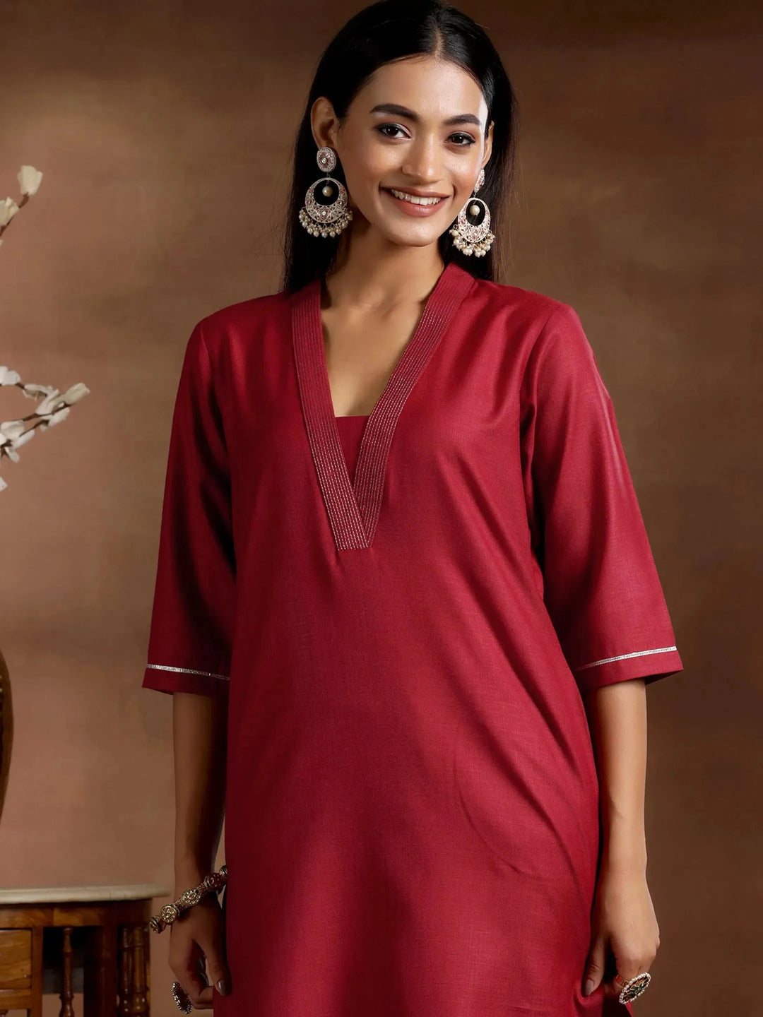 Maroon Solid Cotton Blend Straight Suit With Dupatta 