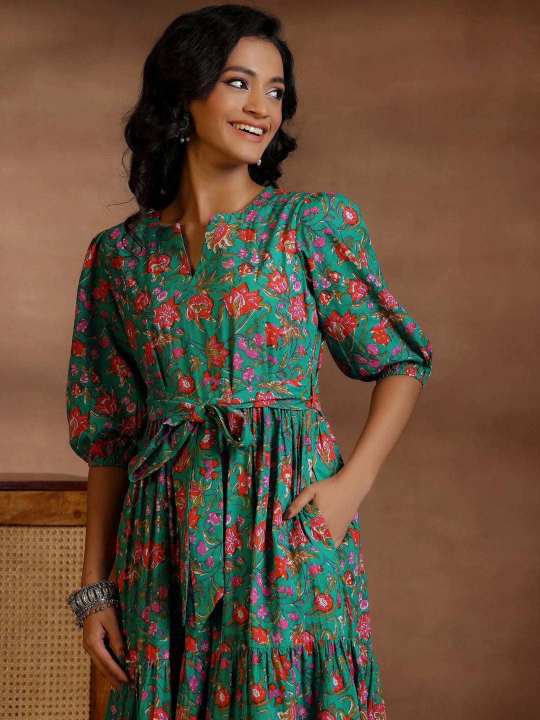  Blue Printed Cotton Fit and Flare Dress 