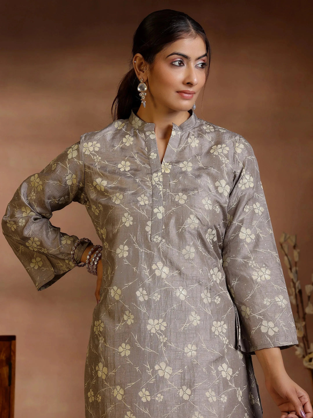 Grey Printed Silk Blend Straight Kurta Set 