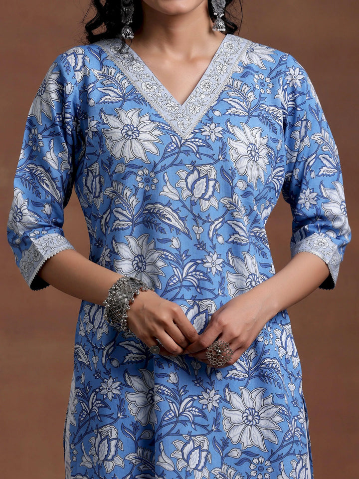 Blue Printed Cotton Straight Suit With Dupatta - Libas