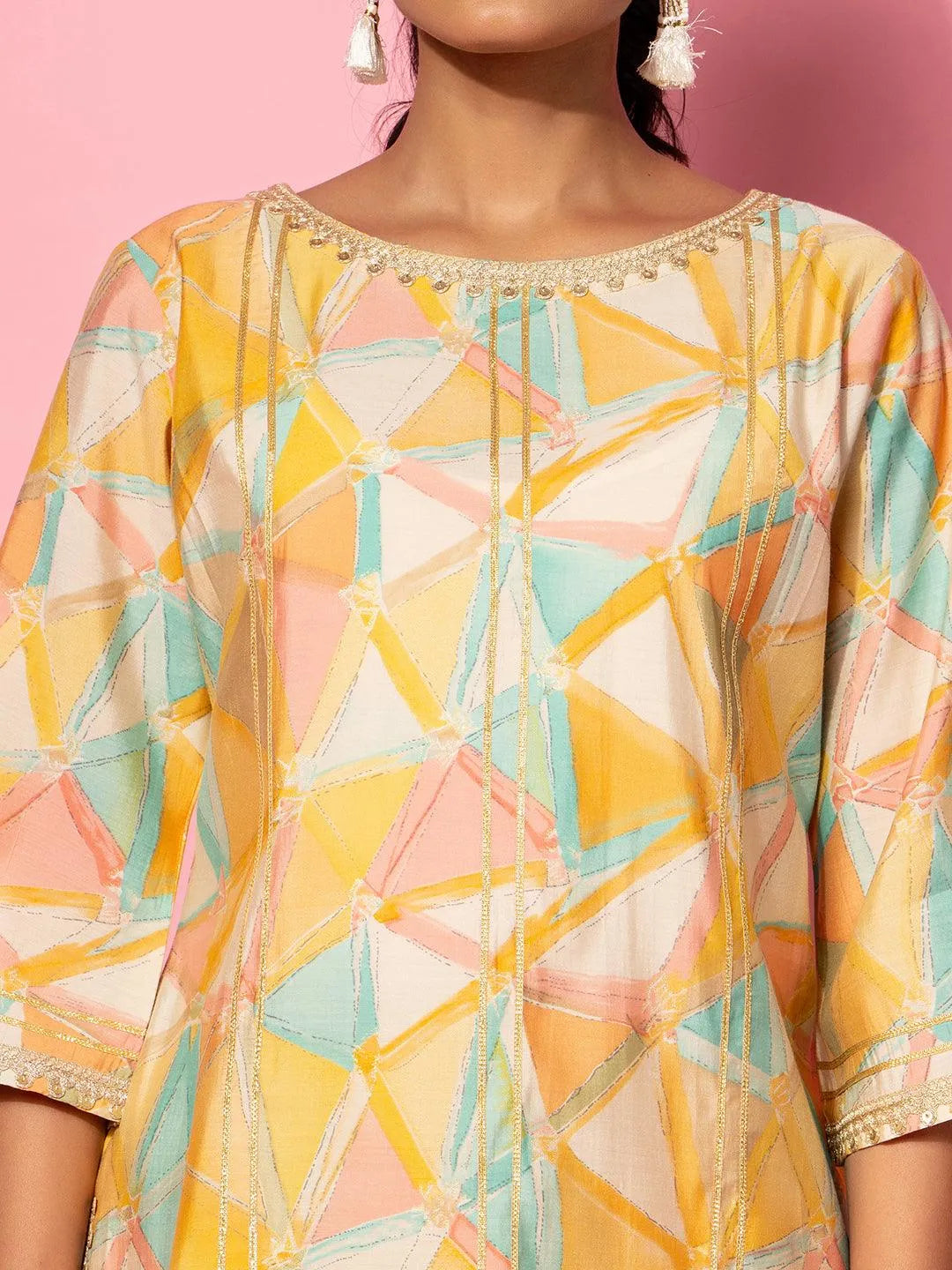 Yellow Printed Silk Blend Co-Ords - Libas 