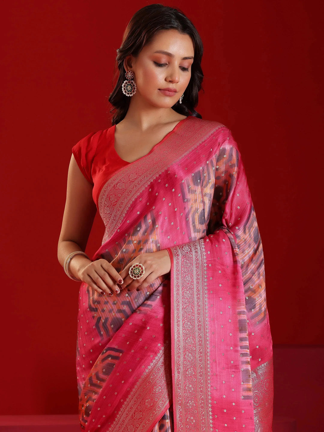  Libas Art Red Printed Satin Saree With Unstitched  Blouse Piece 