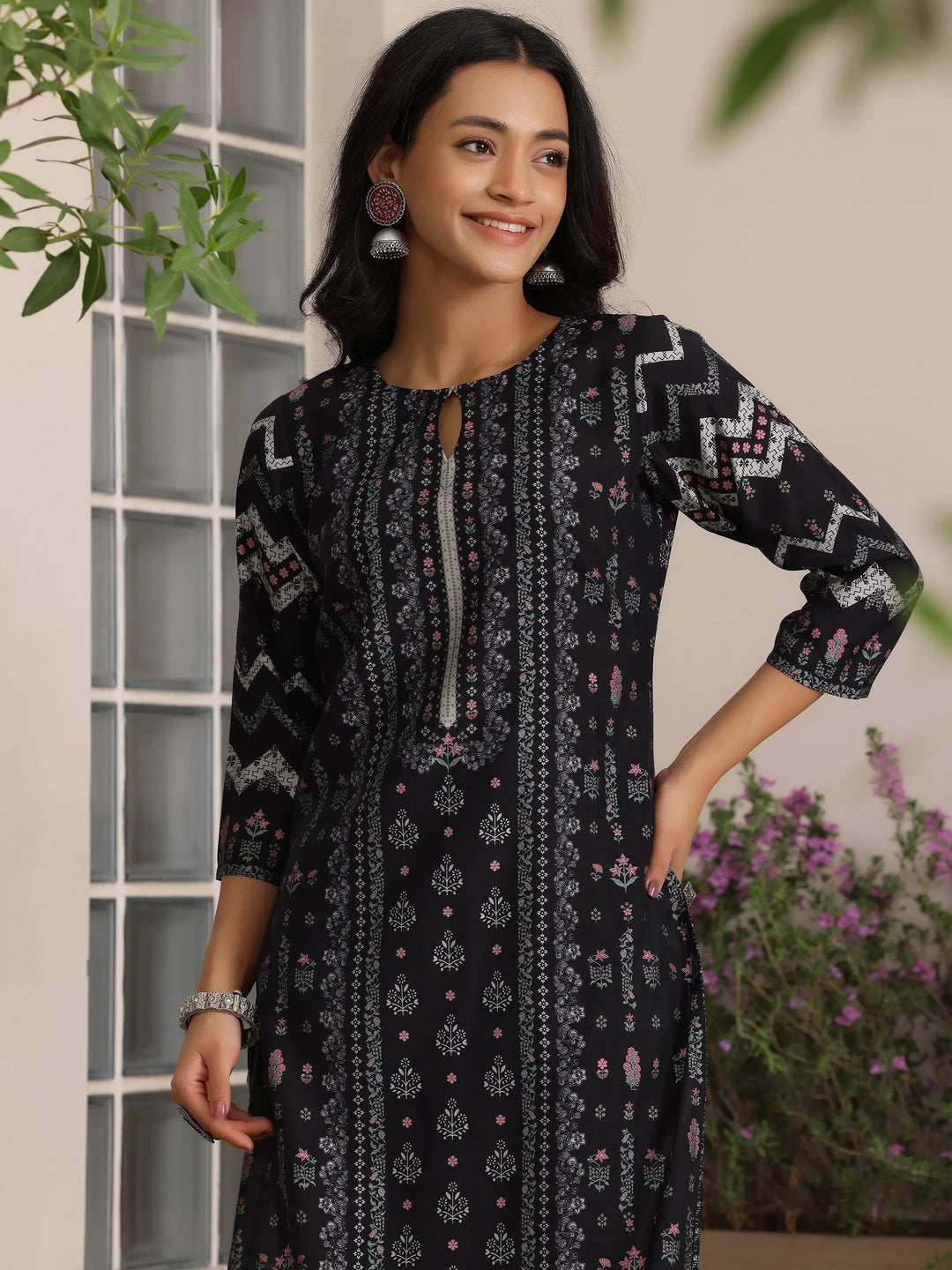  Black Printed Silk Blend Straight Suit With Dupatta 