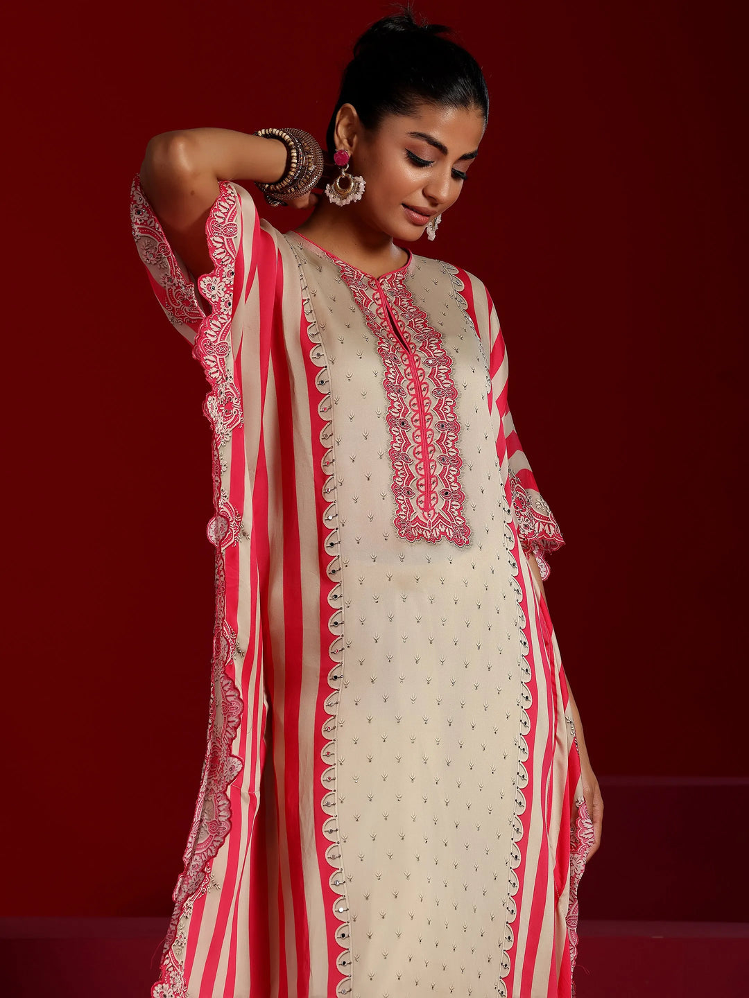  Libas Art Beige Printed Silk Blend Co-Ords 