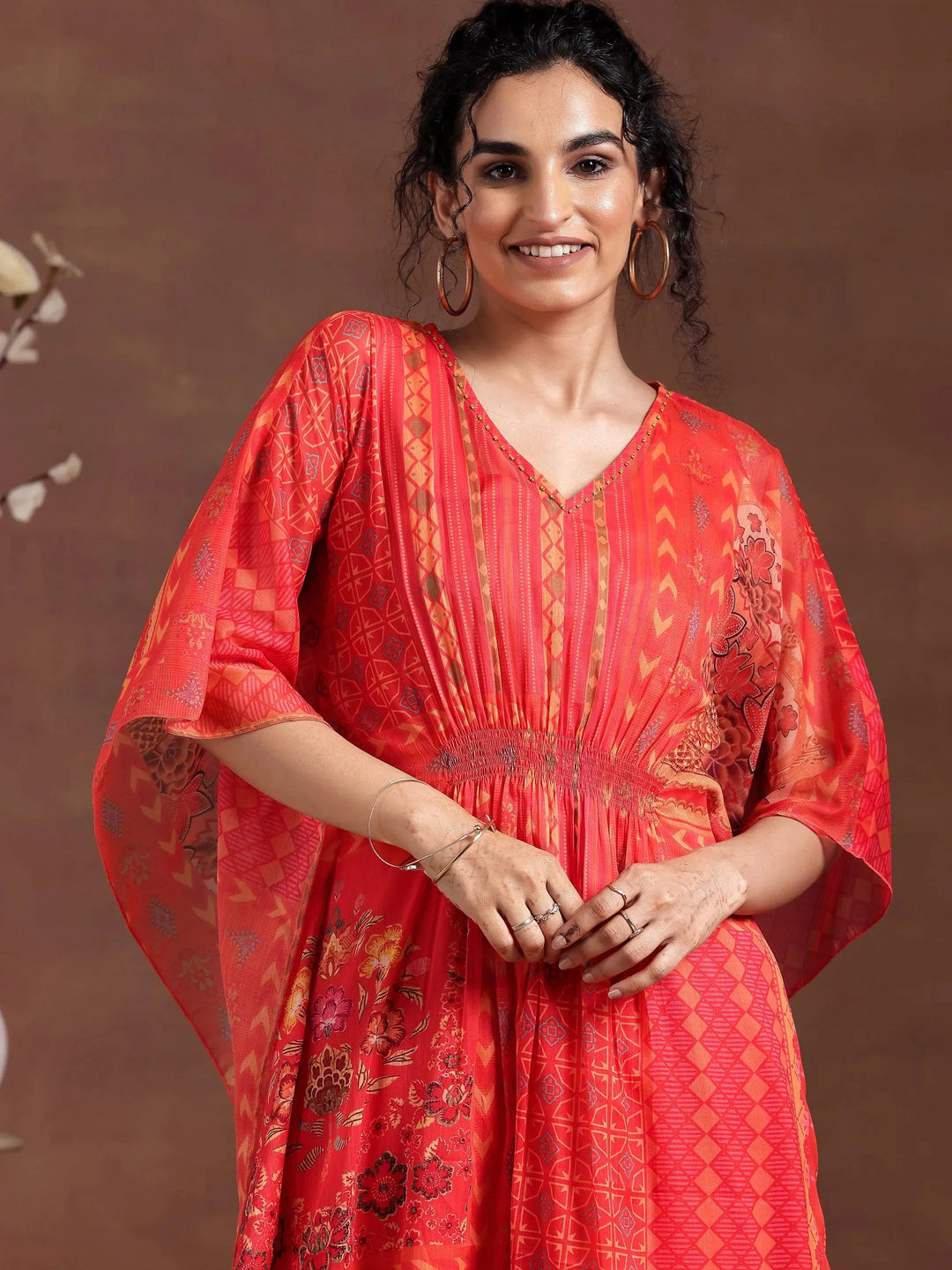  Orange Printed Chiffon 3 Piece Co-Ords 