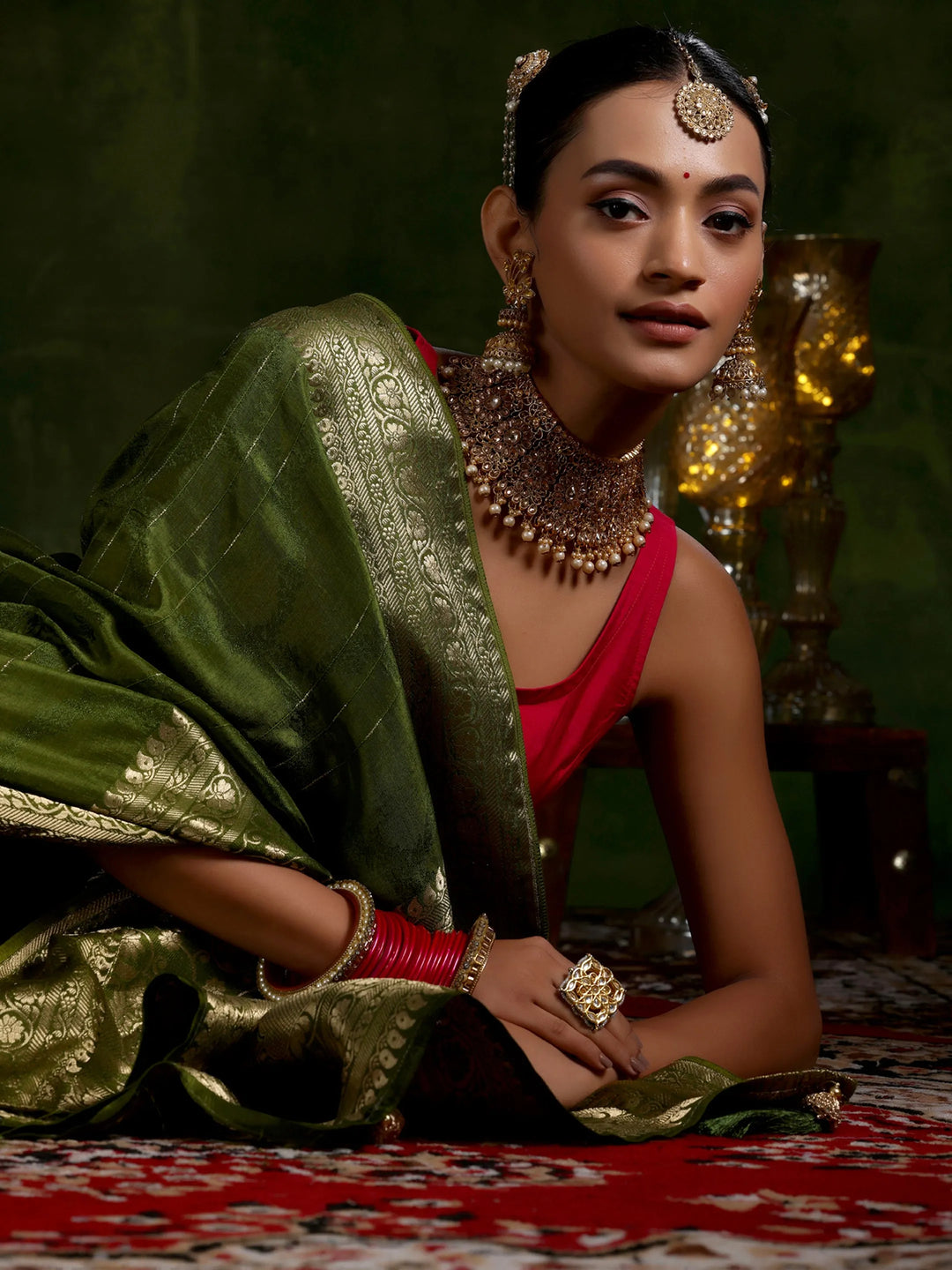  Olive Green Woven Design Silk Blend Saree With Unstitched Blouse Piece 