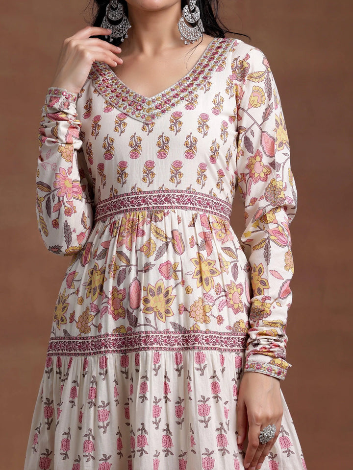 Off white Printed Cotton A-Line Kurta With Palazzos & Dupatta - Libas