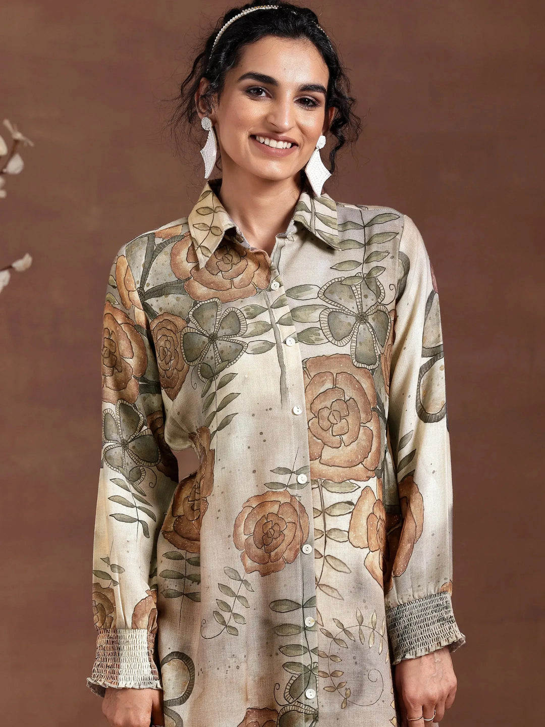  Grey Printed Cotton Blend Shirt Dress 
