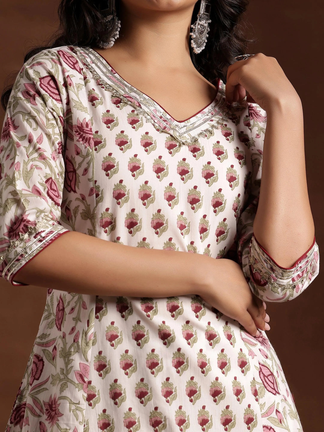 Off white Printed Cotton A-Line Kurta With Palazzos - Libas