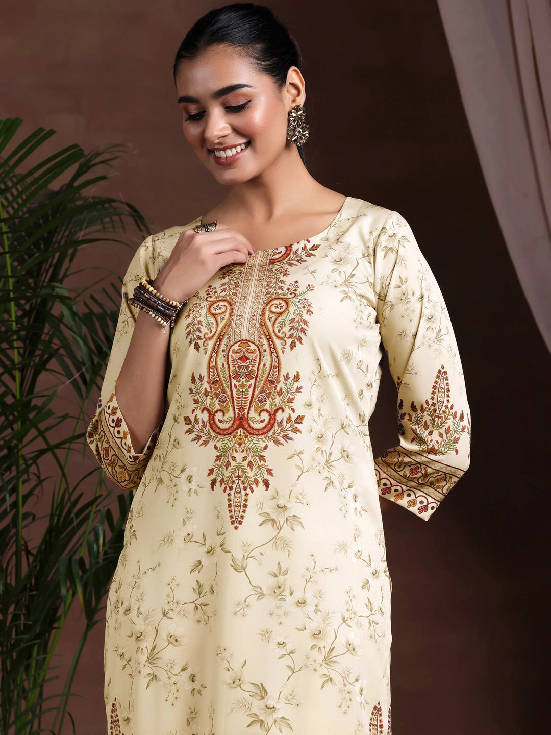  Beige Printed Poly Crepe Straight Suit With Dupatta 