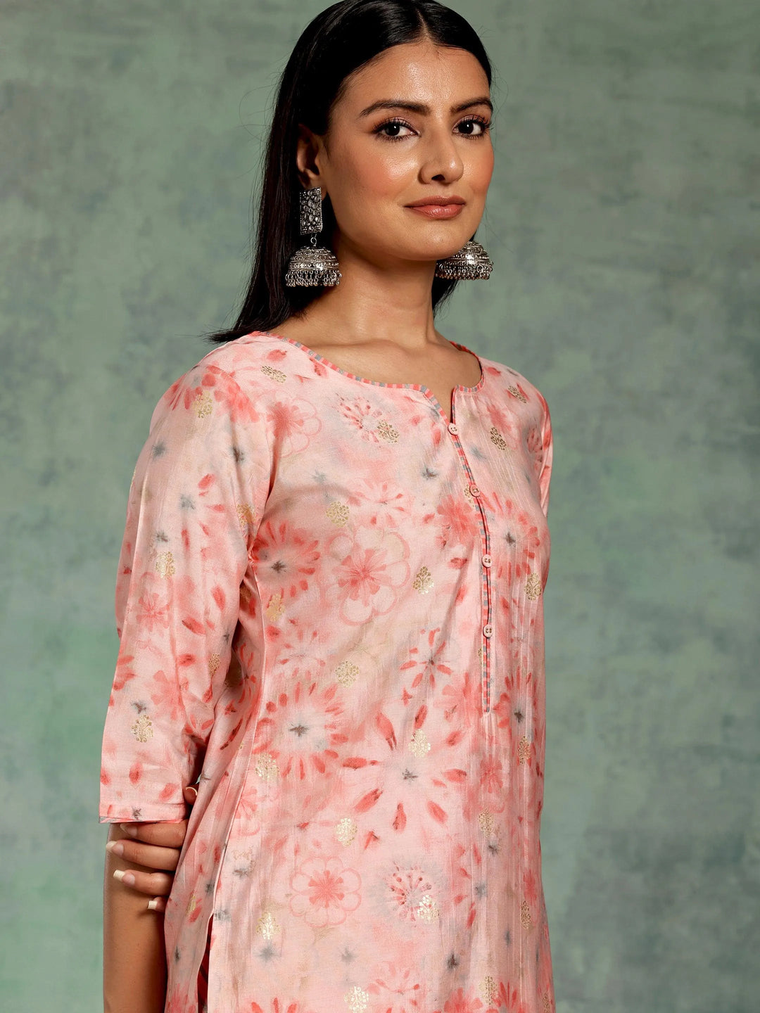 Peach Printed Silk Blend Straight Suit With Dupatta - Libas 