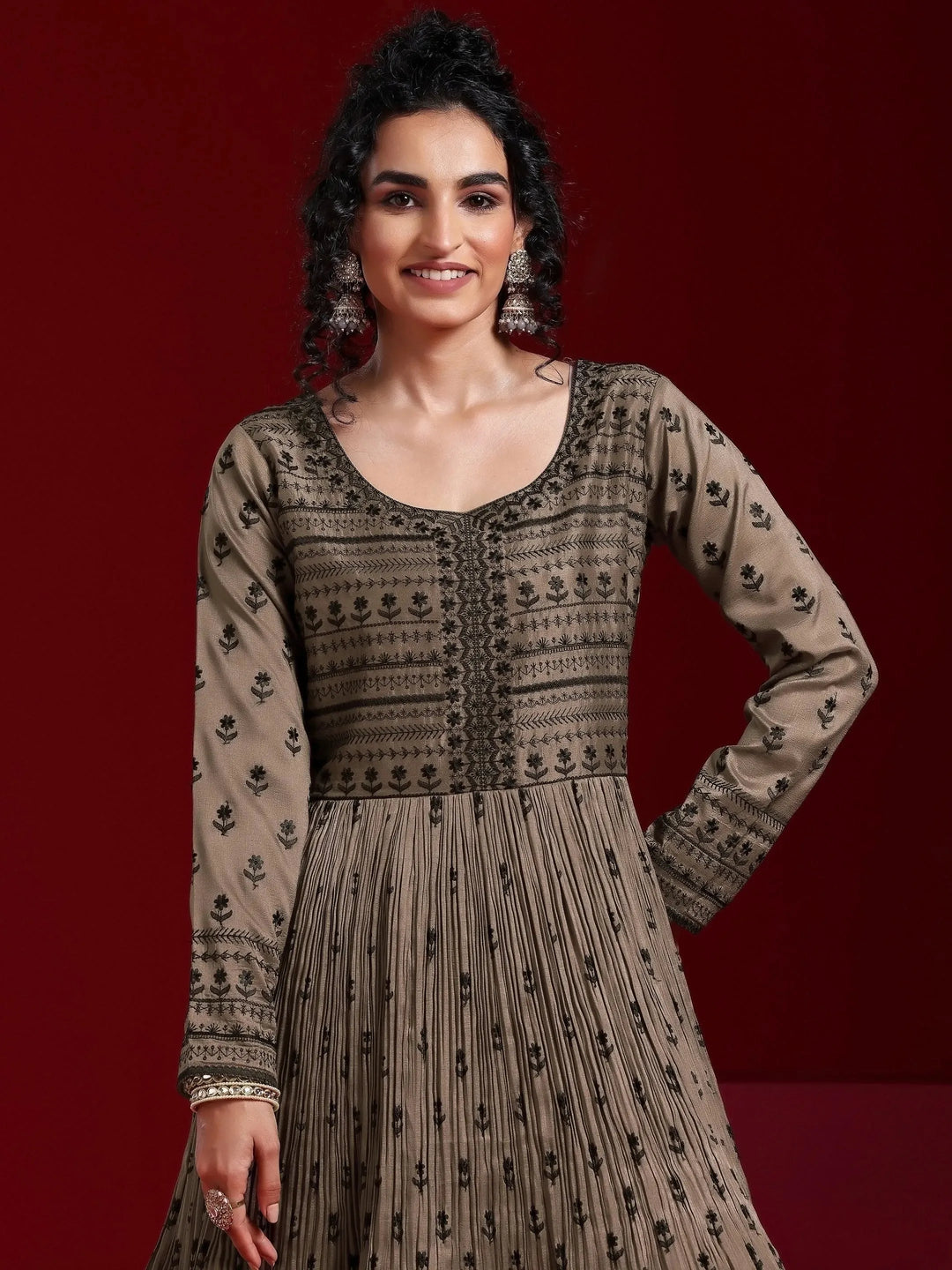  Libas Art Brown Embroidered Silk Blend A-Line Kurta With Sharara & Dupatta 