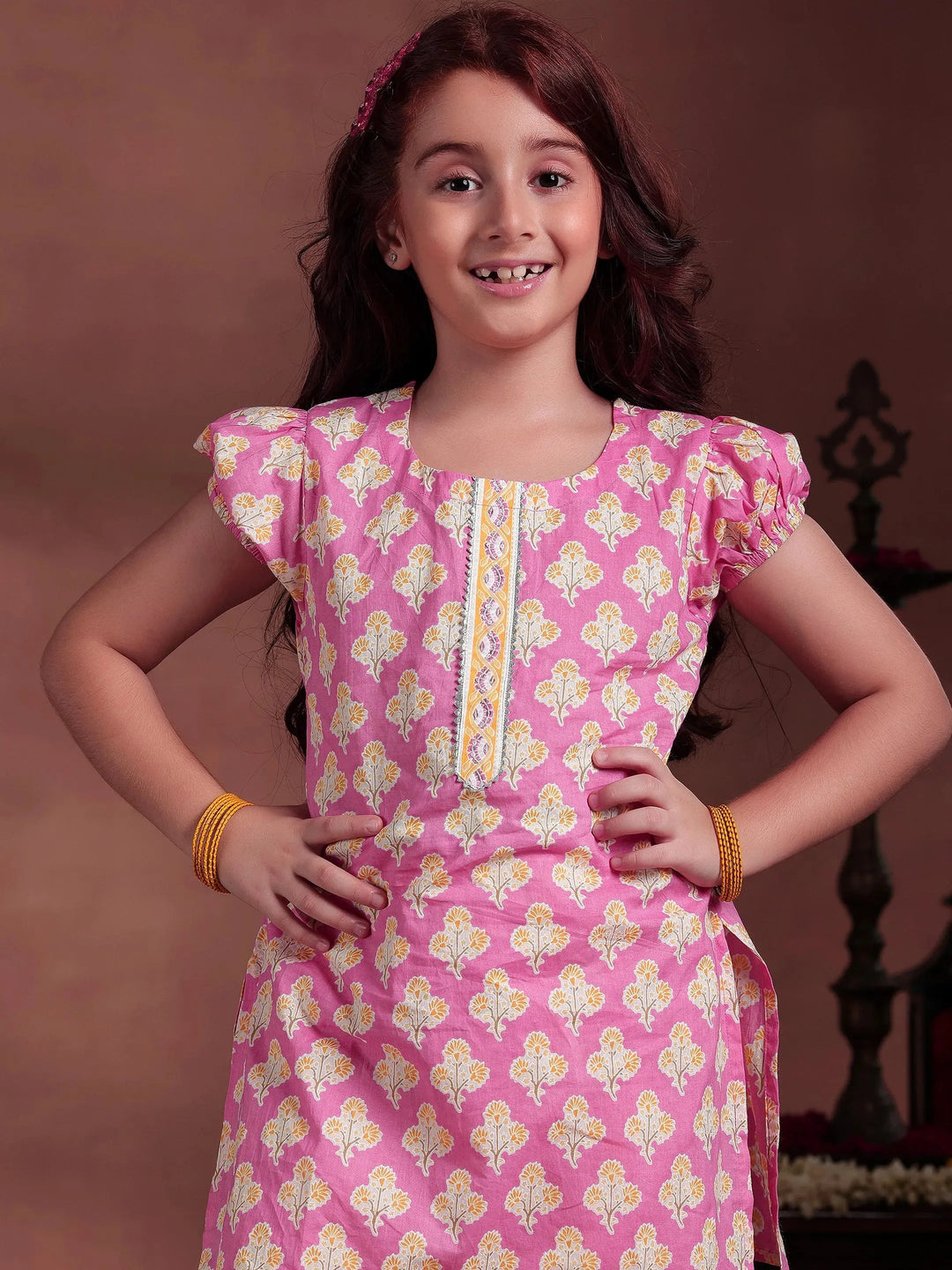  Kids Pink Printed Cotton Straight Suit With Dupatta 