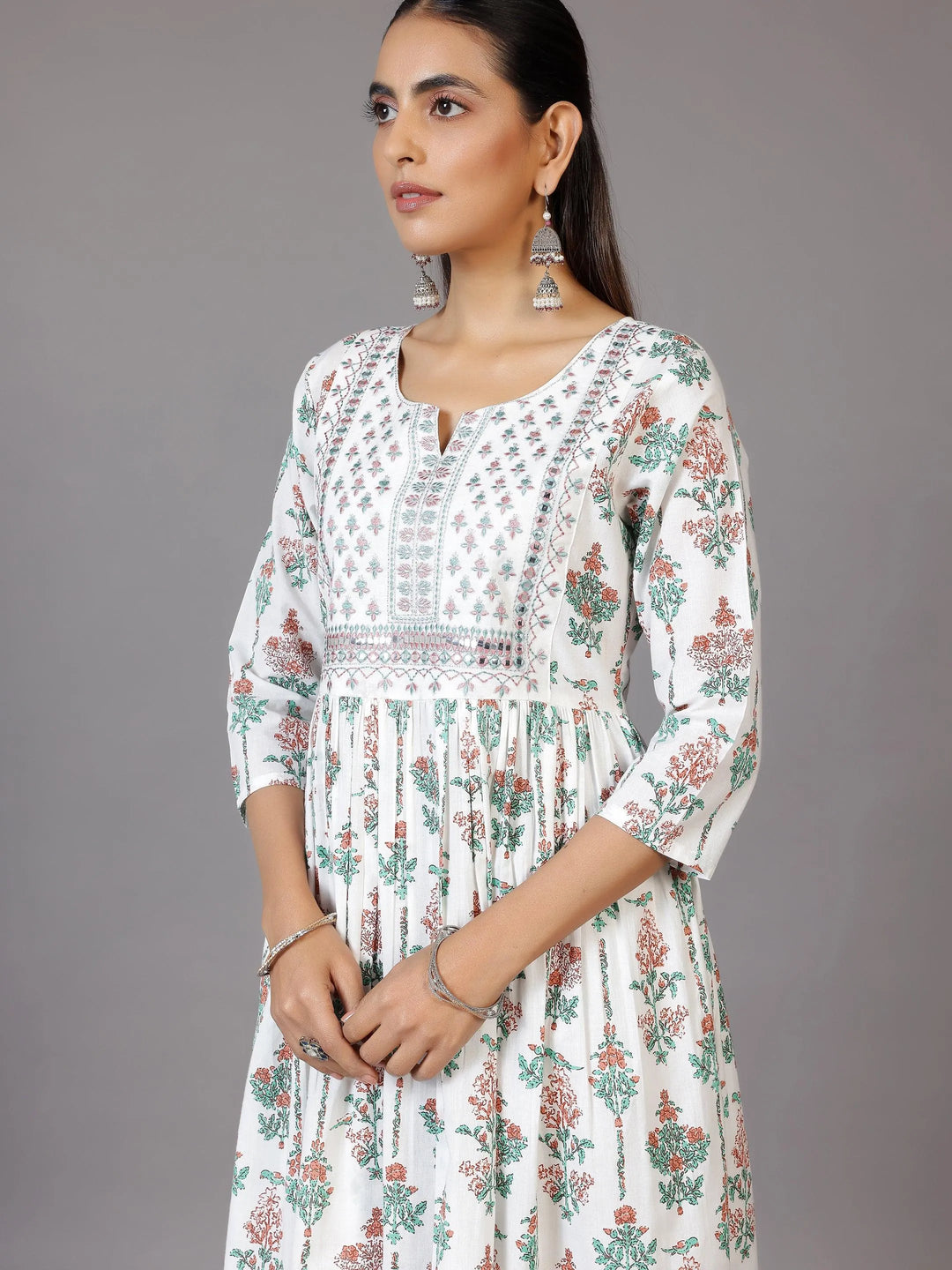 Off White Printed Cotton Anarkali Suit With Dupatta - Libas