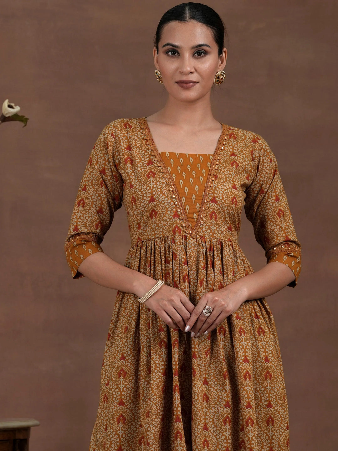Mustard Printed Cotton A-Line Kurta With Palazzos - Libas 