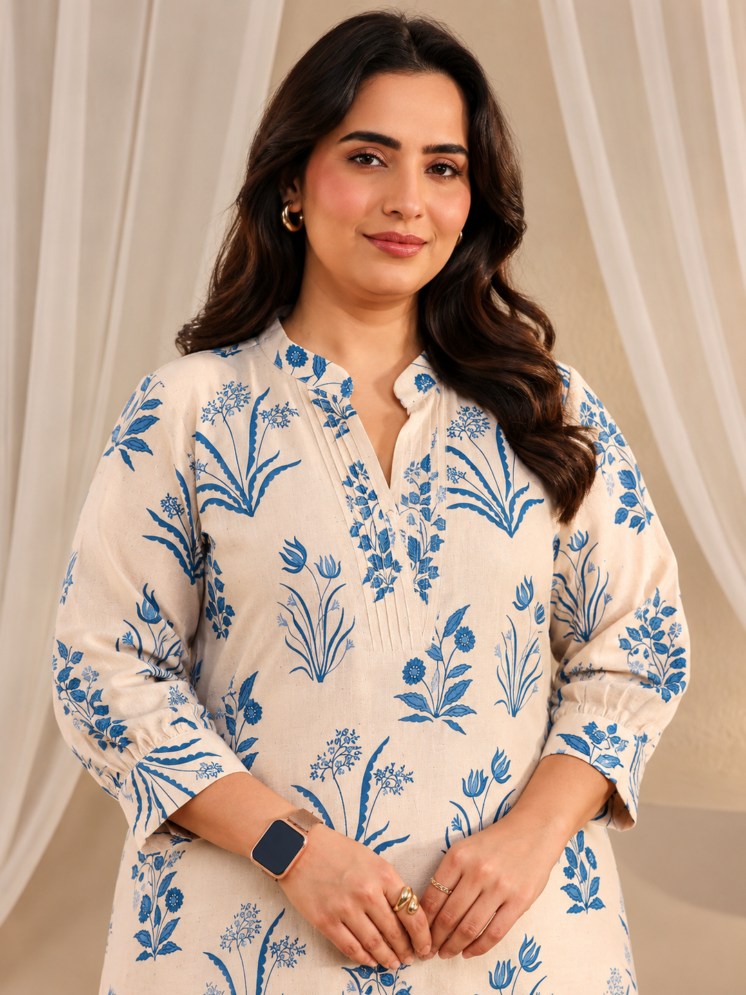  Plus Size Off White Floral Printed Cotton A-Line Kurta 